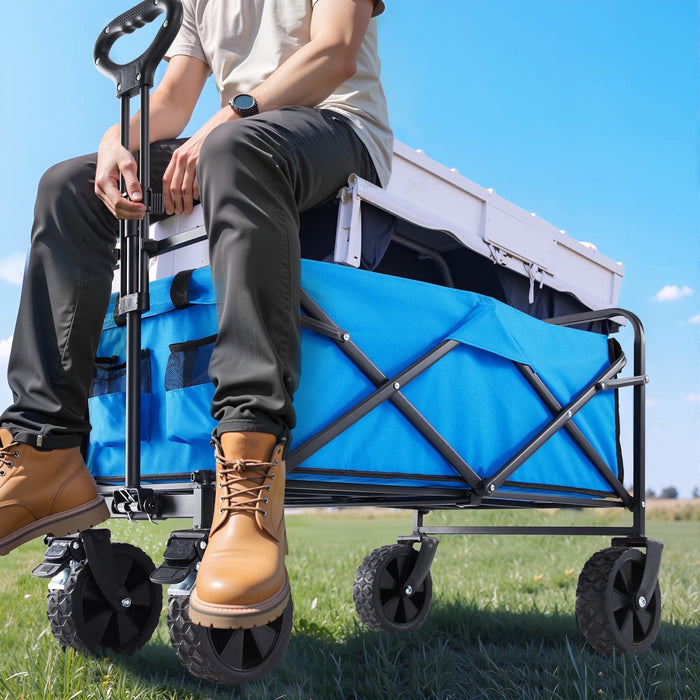 Blorly Foldable Wagon Cart, Collapsible Wagon Utility Cart with All-Terrain Wheels for Grocery Shopping, Camping, Fishing, Travel, Heavy Duty, 150L, Blue