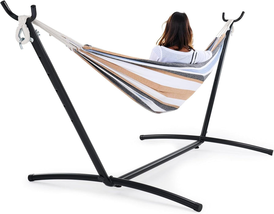 Blorly Double Hammock with Stand, 450 LBS Heavy Duty Hammock with Bag, Saving Steel Stand for Outside Garden Yard, White
