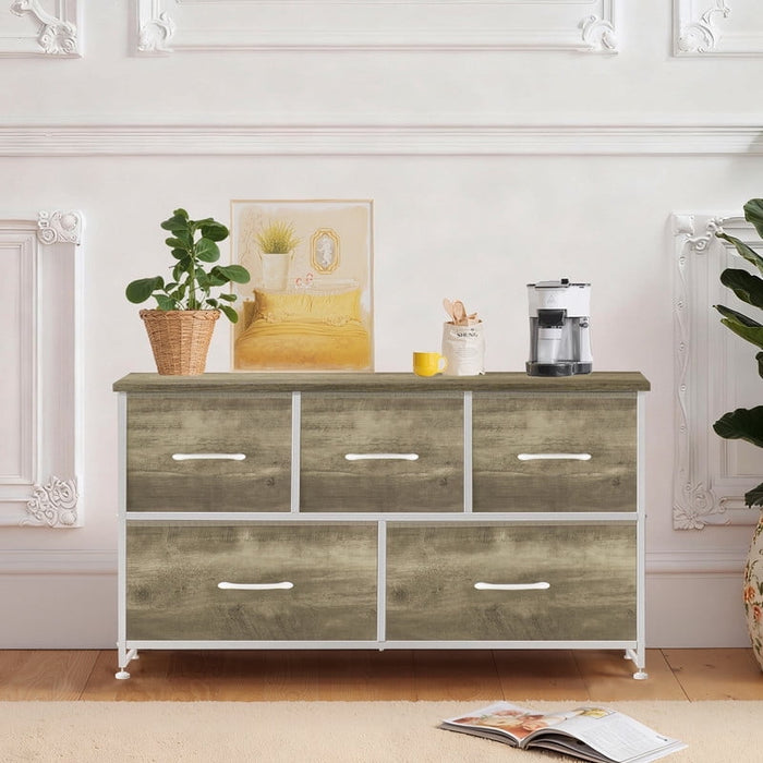 Simenmax 5 Dresser, Storage Drawers with Removable Fabric Bins, Fabric Closet Chests Organizer for Bedroom, Closet, Living Room, Oak Greige