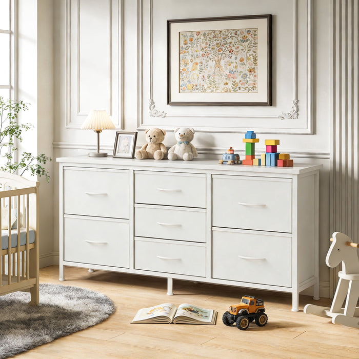 Betcozy Dresser, Storage Organizer with 7 Drawers for Bedroom, Chest of Drawers with Fabric Bins, Sturdy Metal Frame, Wood Tabletop for Guest Room, Closet, Entryway, Nursery, White