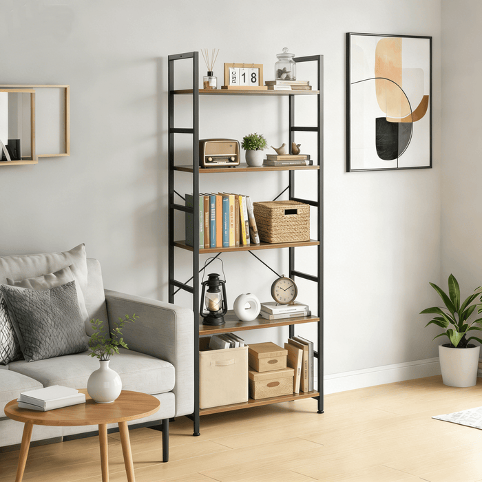 Blorly Bookshelf, 5 Tier Industrial Storage Shelf, Large Capacity Metal & Wooden Bookcase for Family, Study Room, Heavy Duty,Rust