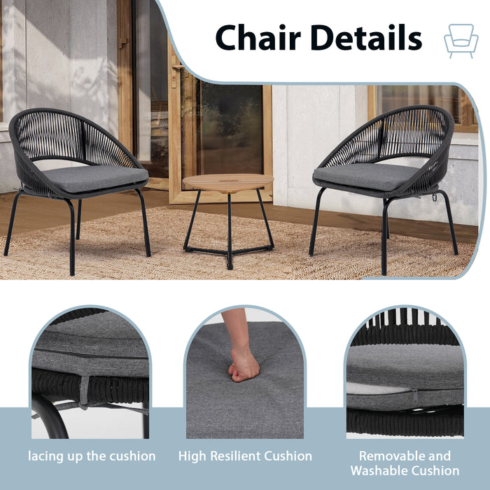 3 Piece Outdoor Bistro Set, Woven Rope Conversation Patio Set, All Weather Patio Furniture Chairs with Cushions and Coffee Table for Porch, Balcony, Garden, Backyard
