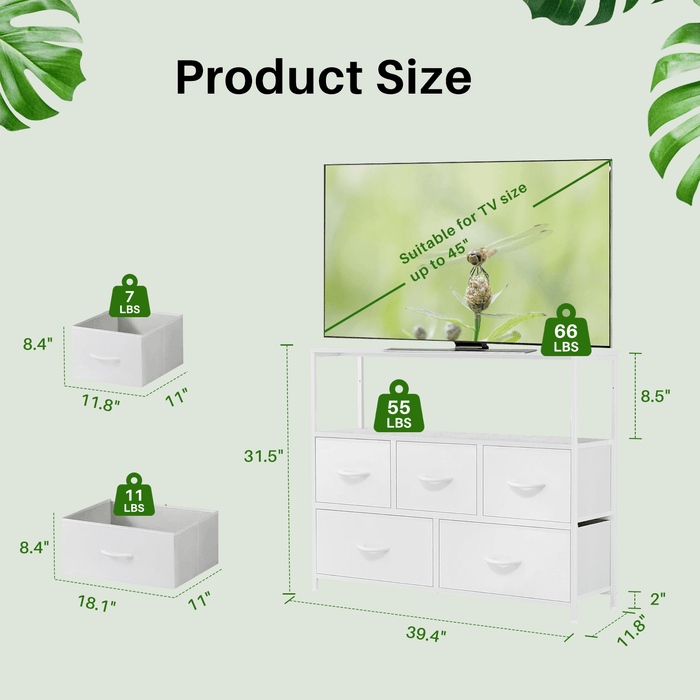 TINKLE WELL TV Stand with 5 Fabric Drawers Storage Organizers, Media Console with Wood Open Shelf for 45" Television, Ideal for Living Room, Bedroom, or Apt