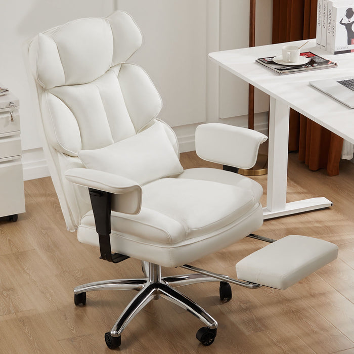 Betcozy Executive Office Chair, Ergonomic High Back Office Chair with Retractable Footrest & Lumbar Support, Reclining PU Leather Computer Chair, Height Adjustable Swivel Task Chair, White