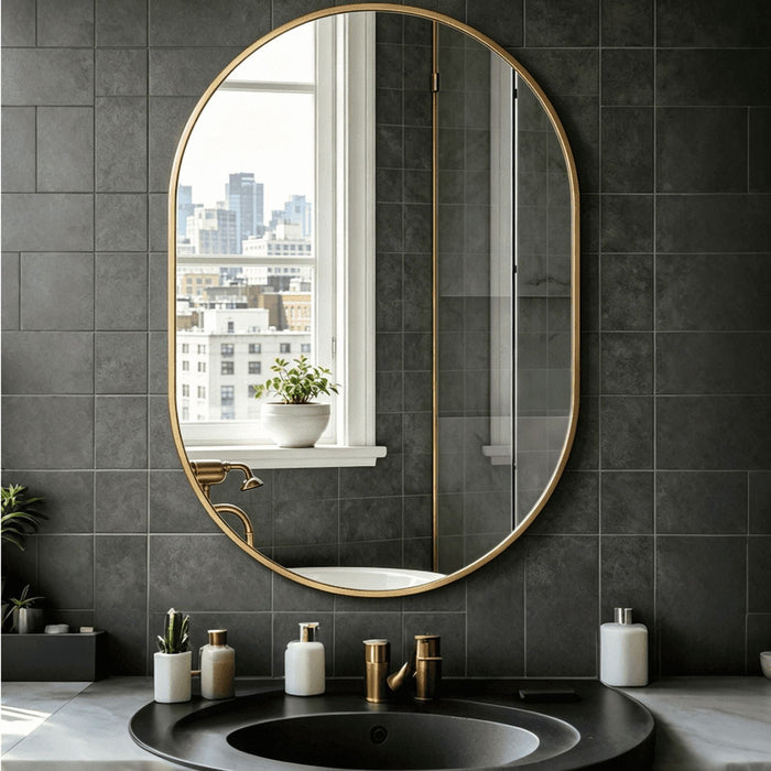 Blorly Modern Oval Wall Mirror, 24"X36" Matte Black Metal Frame Mirror for Bathroom Vanity, Entryway, Living Room, HD Reflection Rust-Resistant Decorative Hanging Mirror, Gold