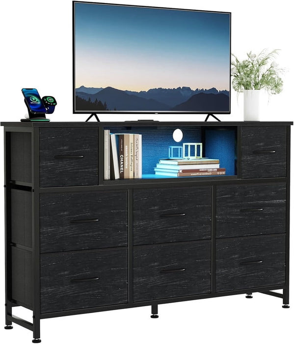 Simenmax LED TV Stand for 45-55 Inch TV, Entertainment Center with 8 Fabric Drawers & Open Shelves, Charging Station with 2 USB & 2 AC Outlets, Black Wood
