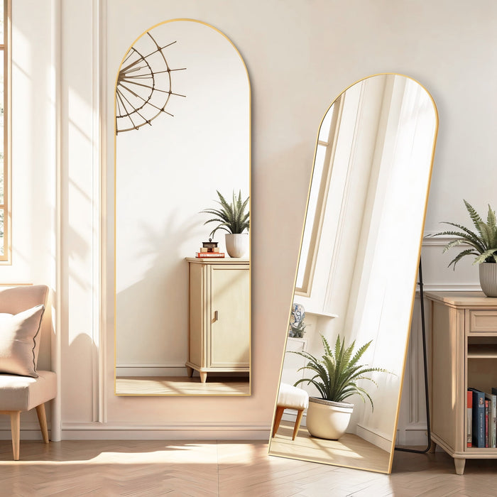 TINKLE WELL TINKLE WELL Metal Framed Arched Full Length Mirror 64"x21", Floor Standing, Gold