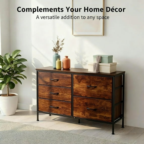 Betcozy Dresser, Storage Organizer with 5 Drawers for Bedroom, Chest of Drawers with Fabric Bins, Sturdy Metal Frame, Wood Tabletop for Guest Room, Closet, Entryway, Nursery, Rust