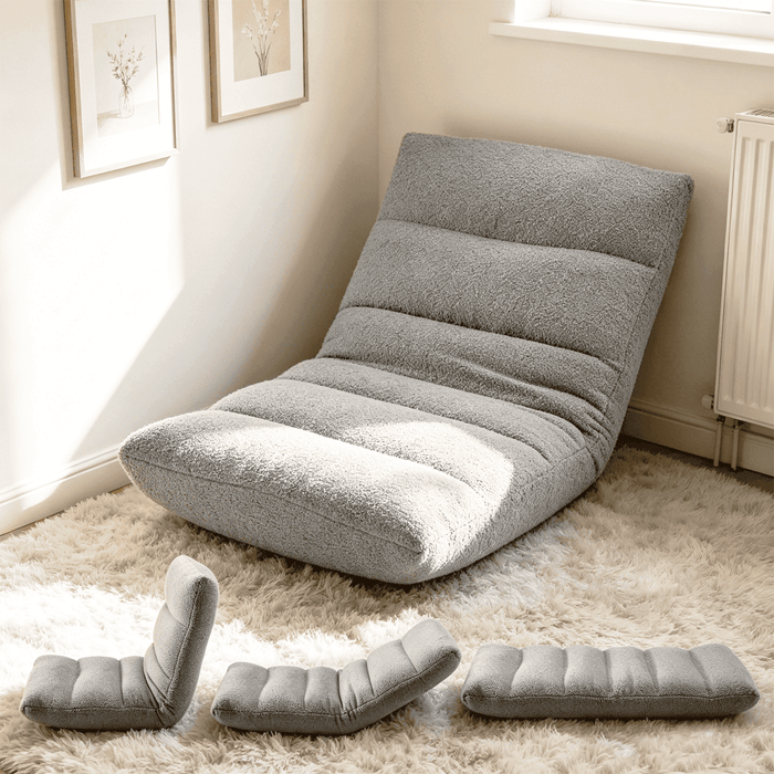 Taoset 4-Position Adjustable Floor Chair, Folding Lazy Sofa Recliner, Cozy Boucl茅 Teddy Fabric Floor Lounger with Back Support for Bedroom, Living Room, Meditation, Reading, Grey