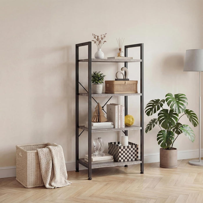 Blorly Bookshelf, 4 Tier Industrial Storage Shelf, Multi-Functional Metal & Wooden Bookcase for Living Room, Kitchen, Easy Assembly,Gray