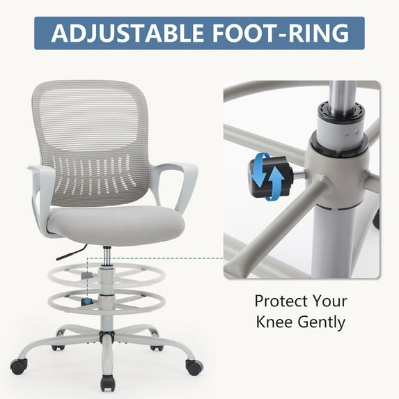 Ergonomic Tall Drafting Chair, Height-Adjustable Office Desk Chair with Fixed Armrests, Lumbar Support, Footrest & Rolling Wheels for Standing Desk