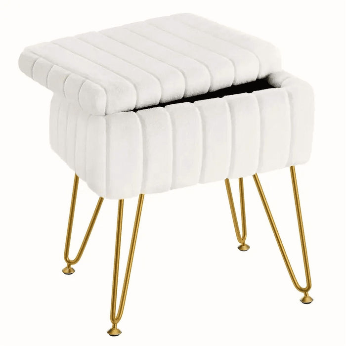 Bigleap Ottoman Vanity Stool Chair with Storage, Modern Style Faux Fur Seat with 4 Metal Legs & Non-slip Feet for Living Room, Bedroom, White