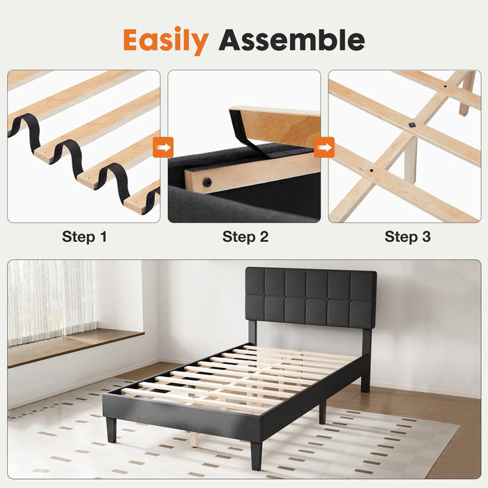 Full Size Upholstered Platform Bed Frame with Adjustable Headboard, No Box Spring Needed with Sturdy Wooden Slats Support, Non-Slip and Noise-Free, Easy Assembly, Dark Grey