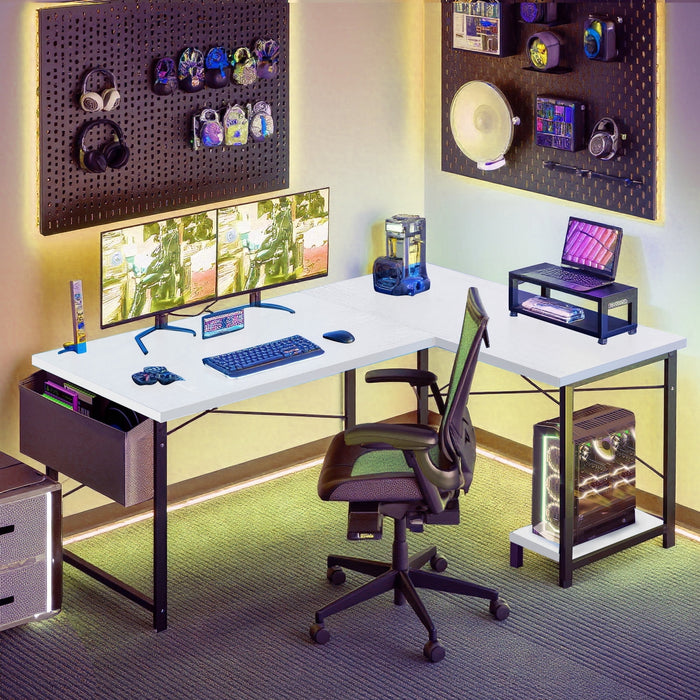 Taoset L Shaped Gaming Desk, 50 Inch Reversible Corner PC Work Table for Writing Study, Wood Tabletop and Metal Frame, CPU Stand Side Bag for Home Office Small Space, White