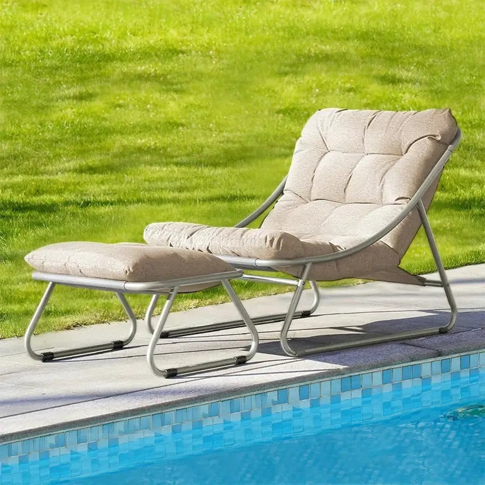 Lounge Chair, Outdoor/ Indoor Lounger, Weatherproof Relaxing Deck Chair with FootStool, Soft Cushion, for Garden, Patio, Load Capacity 350lbs, Beige
