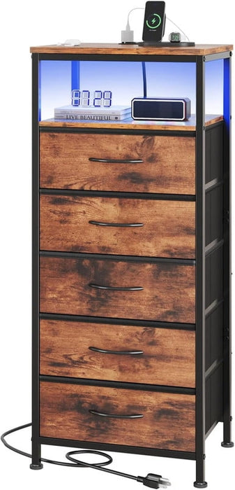 Simenmax Nightstand with Charging Station & LED Lights, 5 Drawer Bedside Table with Variable Light Strip, Modern Industrial Bedroom Furniture, Brown