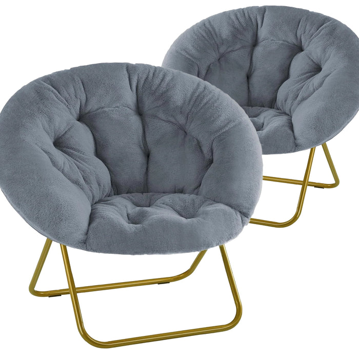 Blorly Accent Chair Sets, Folding Living room Saucer Chair with Faux Fur Padded for Lounge Reading, Metal X-Large, Gray, 2 PCS