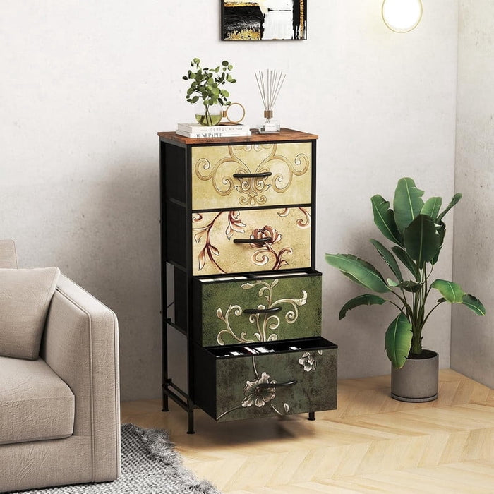 Nextay 4-Drawer Fabric Dresser, Tall Vertical Chest with Floral Design and Wood Top for Bedroom, Hallway, Dorm