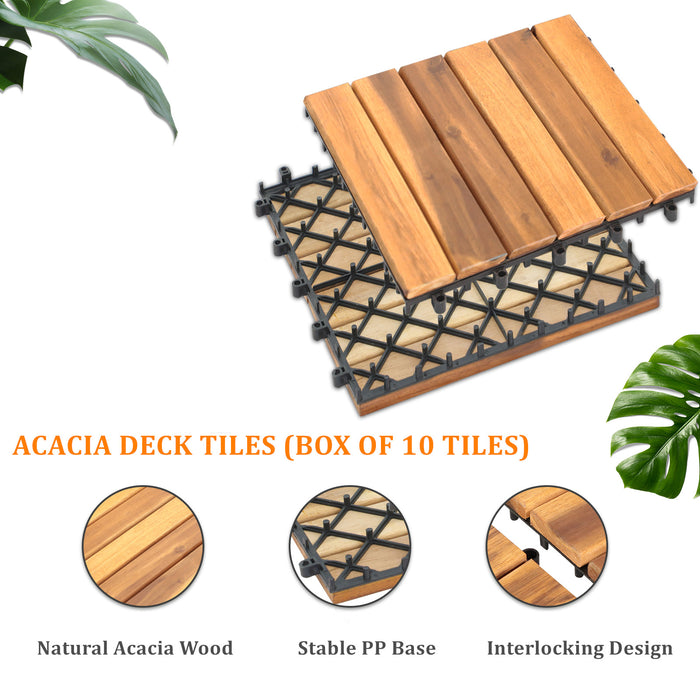 Deck Tiles Interlocking 10 Pack Solid Wood Outdoor Flooring Waterproof for Patio Porch Garden Balcony Poolside