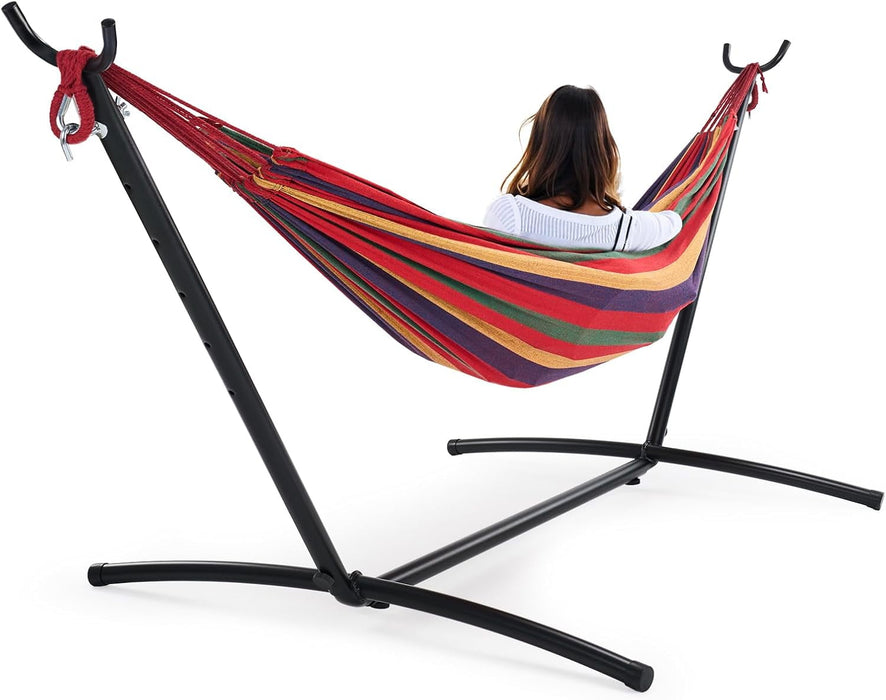 Blorly Double Hammock with Stand, 450 LBS Heavy Duty Hammock with Bag, Saving Steel Stand for Outside Garden Yard, Red