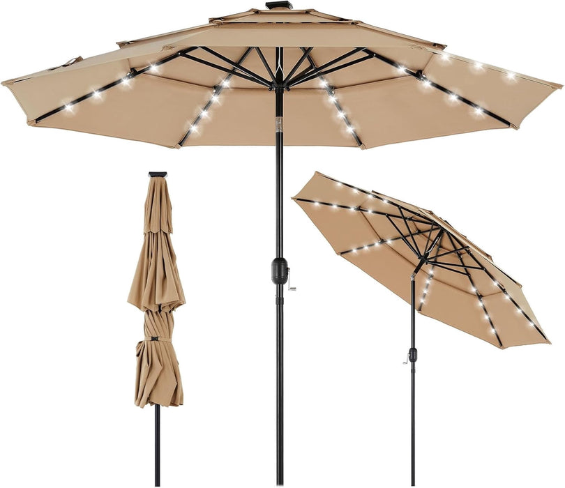 Taoset 9.2FT 3-Tier Patio Outdoor Umbrella,Solar 32 LED Lighted Table Market Umbrella with Tilt Adjustment, Easy Crank,for Garden, Deck, Backyard, Pool and Beach,khaki