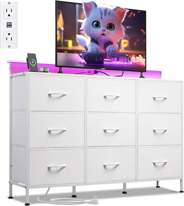Simenmax TV Stand with 9 Fabric Drawers, Entertainment Center with LED Lights & Charging Station, Media Console for 45-55 inch TV, White