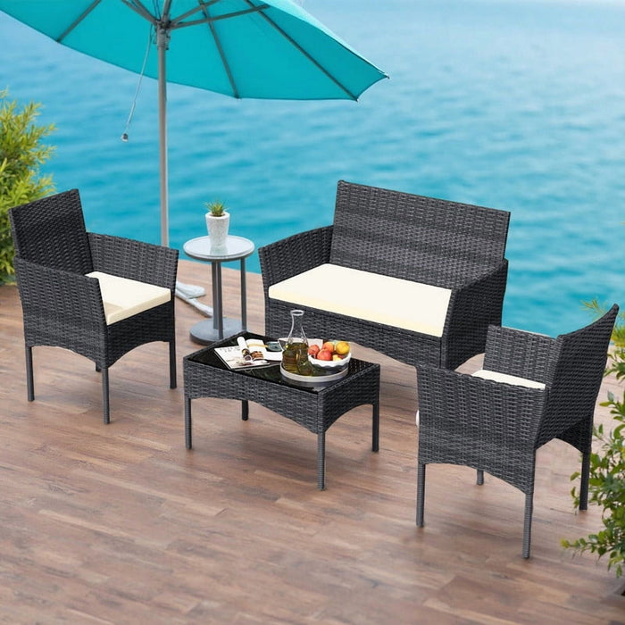 Blorly 4 Piece Outdoor Patio Furniture Set, All-Weather Rattan Wicker Conversation Set with Washable Cushions & Glass Top Coffee Table, Modern Sectional Garden Sofa Set for Backyard, Porch, Poolside (Black)