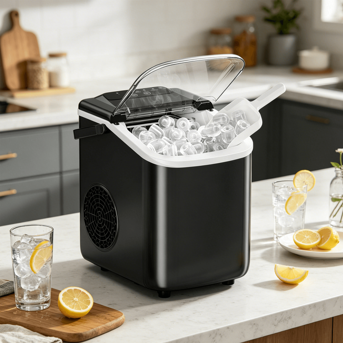 Blorly Portable Countertop Ice Maker with Handle, Self-Cleaning Bullet Ice Maker, 9 Ice Cubes Ready in 6 Minutes, 26lbs/24H, Eco-Friendly with Ice Scoop & Basket for Home, Office, Bar, Party, RV (Black)