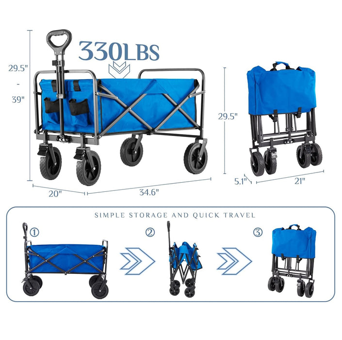 Betcozy All-Terrain Foldable Wagon Cart with Heavy-Duty Wheels, Large Capacity Portable Utility Wagon for Beach, Sand, and Gardening, Featuring Drink Holders