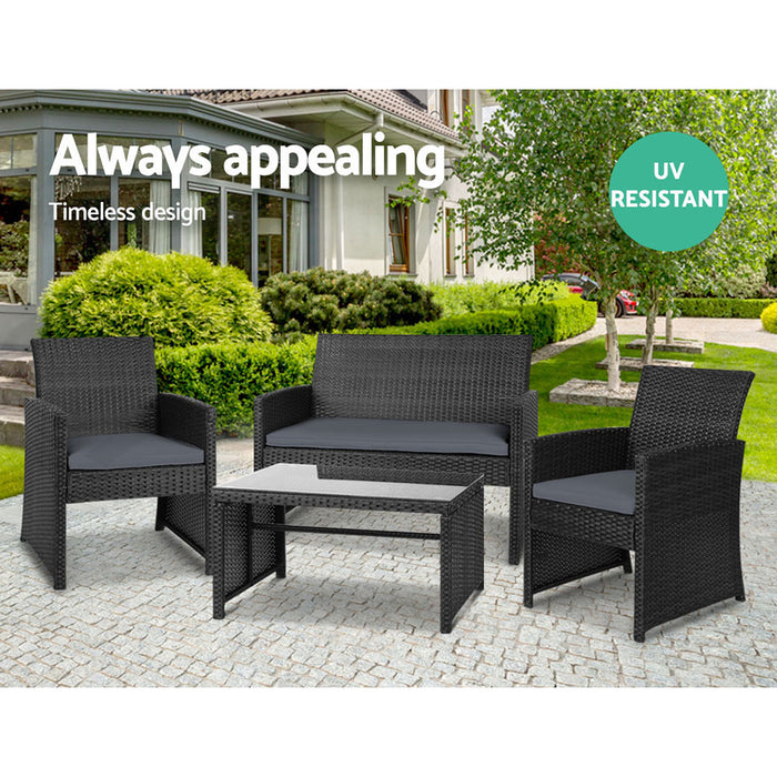 Patio Furniture Set 4 Pieces All-Weather Rattan Outdoor Furniture Patio Chairs with Tempered Glass Table for Porch Bistro Balcony,Black