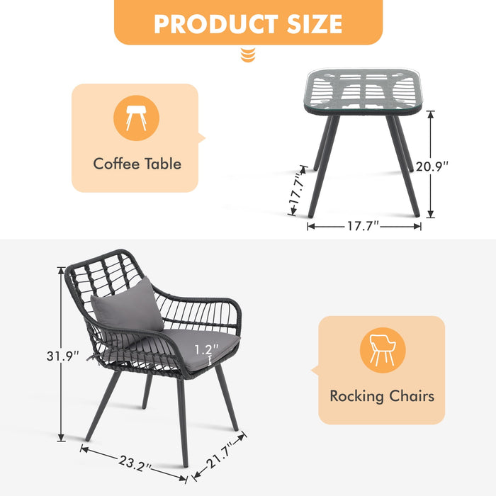 3-Piece Patio Set, Outdoor Wicker Bistro Set, Rattan Chair Conversation Sets with Coffee Table and Cushions, Gray