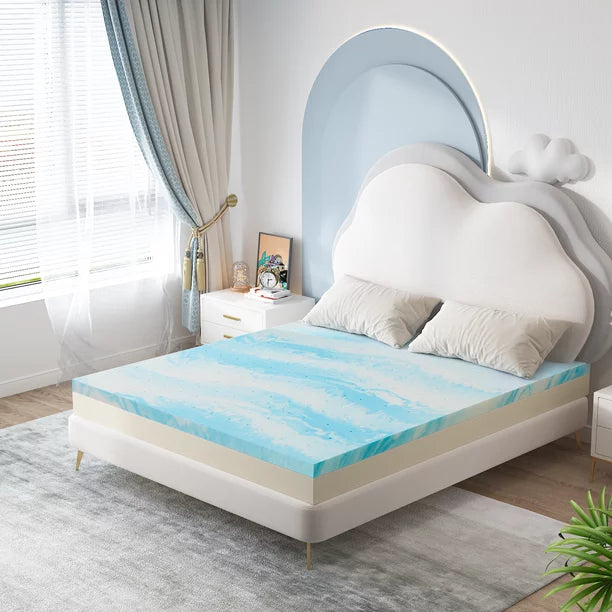 3 inch King Cooling Gel Infused Shell Mattress Topper, Memory Foam Mattress Pad, Mattress in Box, Soft, Blue, Made in USA