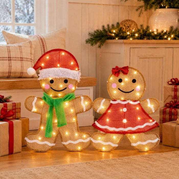 Simenmax 2-Piece Lighted Christmas Gingerbread Man Yard Decorations, Pre-Lit 2D Outdoor Holiday Display with 50 Incandescent Lights, Christmas Lawn Ornaments for Garden Patio Porch