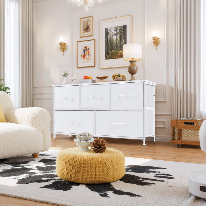 Betcozy 5-Drawer Storage Dresser, Classic Bedroom Dresser for Clothes & Nursery Organization, Stable Metal Frame, Wooden Top, White