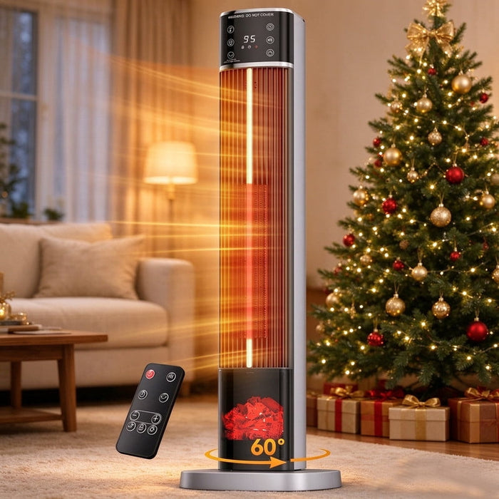 Simenmax 1500W Space Heater, Tower Electric Heater with Remote, 15H Timer,Flame-Effect Panel,Tip-Over & Overheat Protection,Silver