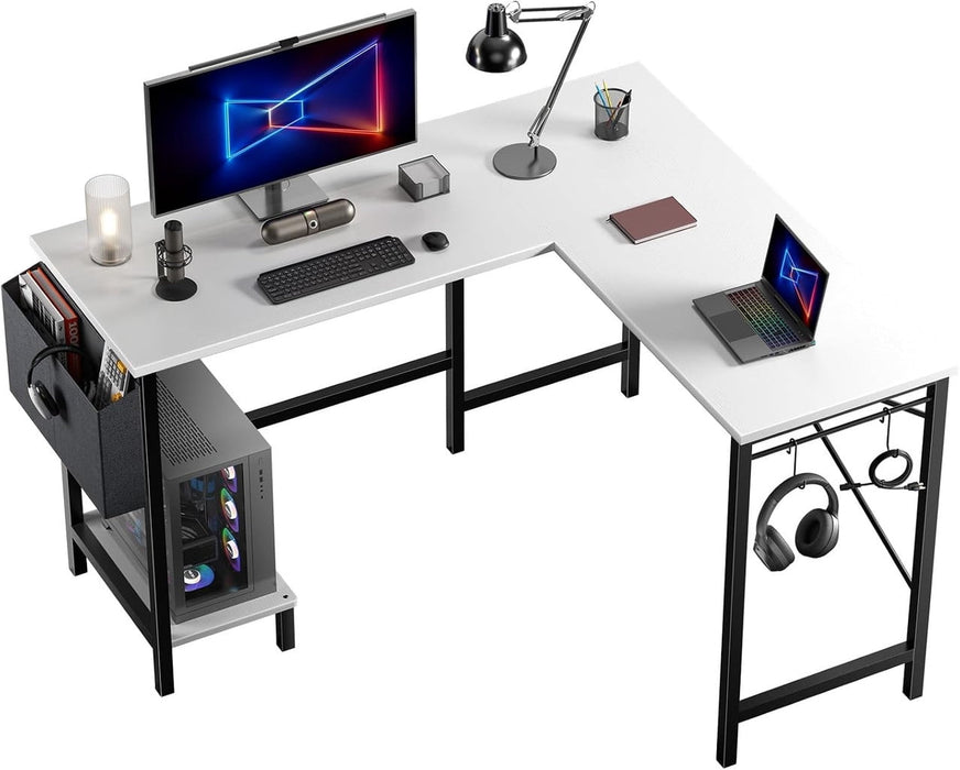Nextay L-Shaped Computer Desk with CPU Holder & Storage Bag â€?Corner Gaming Workstation,Home Office Desk, White Wood