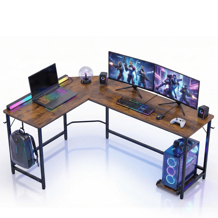 Taoset 66" L Shaped Corner Gaming Desk, Working Station with Removable PC CPU Tray & Headphone Hooks, Wide Multi Monitor Work Table for Gamers Dorm Small Apartment, Rust Brown