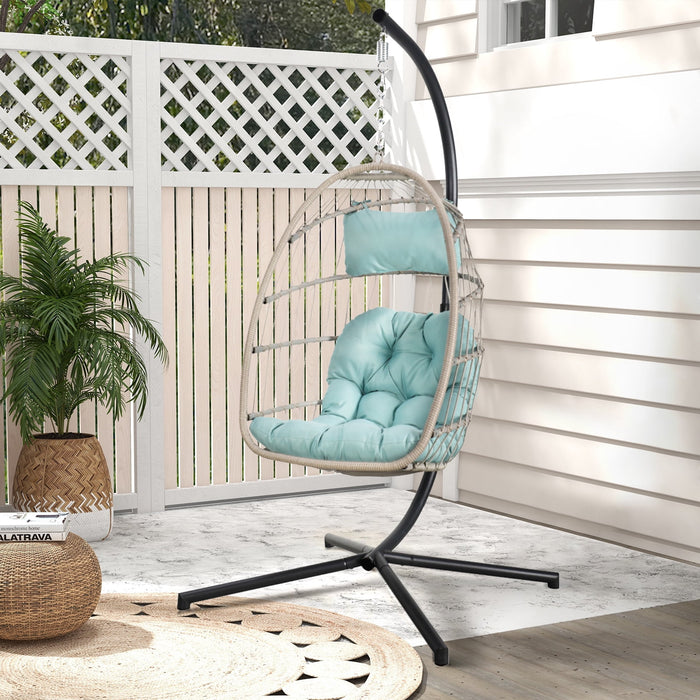 Blorly Foldable Wicker Egg Swing Chair With Weather Cover, Outdoor Patio Hanging Chairs with Stand, Wicker Rattan Basket with Cushion for Bedroom, Patio, Porch,Blue