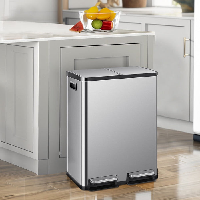 Bigleap Dual Compartment Trash Can, 60L/16Gal Stainless Steel Kitchen Garbage Bin with Soft-Close Foot Pedal, Smudge-Proof Rectangular Recycling Can for Home Office,Silver