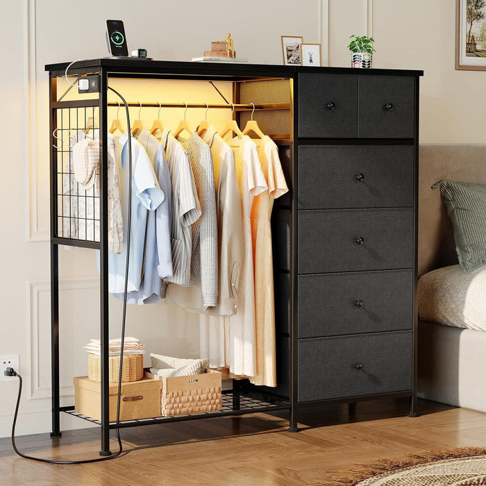 Blorly 6-Drawer Dresser with Clothes Rack & Charging Station, Garment Rack with Hanging Rod & Side Hooks, Free Standing Closet Organizer Storage Shelves for Bedroom, Cloakroom, Gray