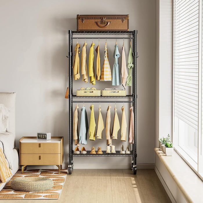 Taoset Heavy Duty Wire Garment Rack with Wheels, 23.6" Wide 3-Tier Rolling Clothes Rack with Dual Hanging Rods, Adjustable Metal Wardrobe Storage Organizer for Hanging Clothes, Shoes, Laundry Room, Black