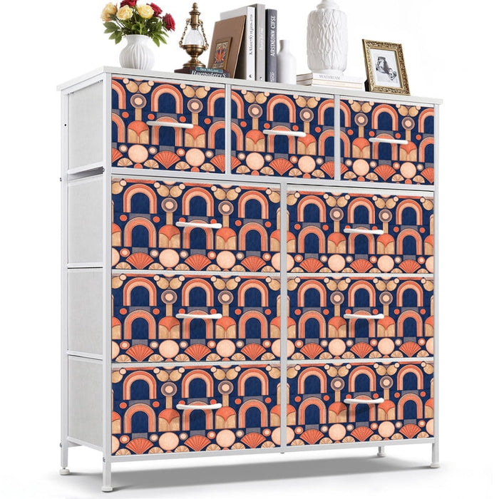 Betcozy 9 Drawers Fabric Dresser with White Metal Frame, Storage Tower for Bedroom, Retro Art Deco Sunrise