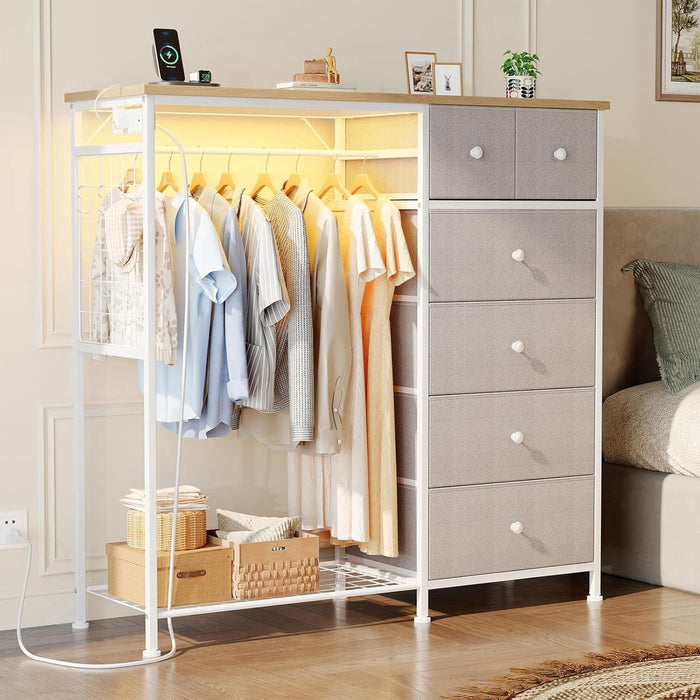 Taoset 6-Drawer Dresser with Clothes Rack & Charging Station, Garment Rack with Hanging Rod & Side Hooks, Free Standing Closet Organizer Storage Shelves for Bedroom, Cloakroom, Light Gray