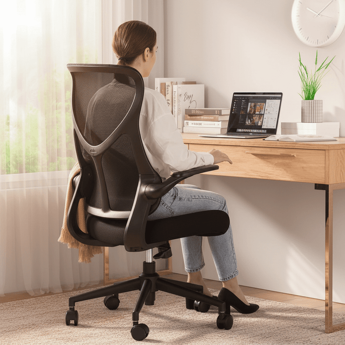 Betcozy Mesh Chair with High Back, Ergonomic Office Computer Chair with Flip-up Armrests, Lumbar Support, Backrest for Home Office, Black