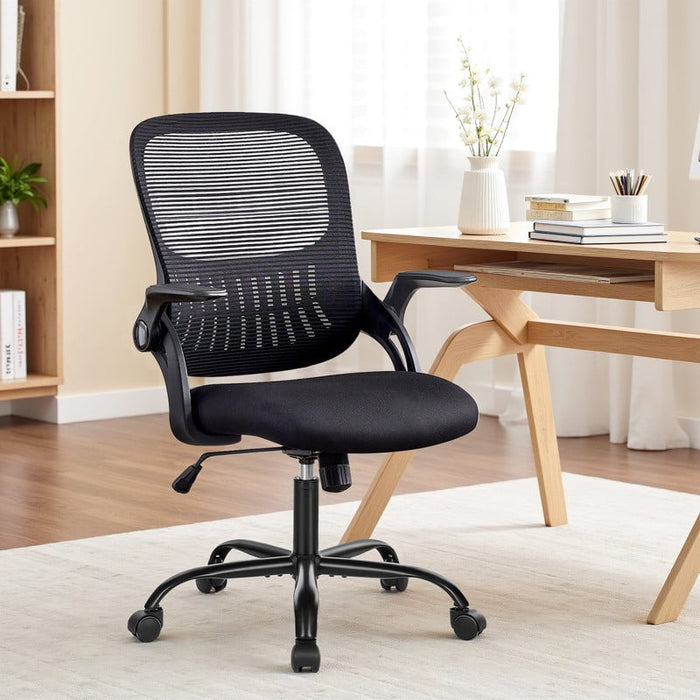 Betcozy Office Desk Chair, Ergonomic Mid-Back Mesh Chair with Wheels, Comfy Lumbar Support with Flip-up Arms for Home office, Gaming, Study, Black