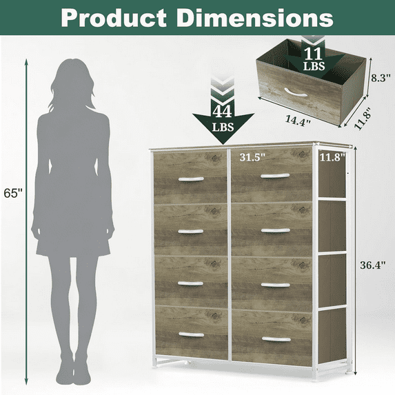 Aidoly Dresser for Bedroom, 8 Storage Drawers, Anti-Tip Fabric Closet Chests Organizer Tower Furniture with Wooden Top Metal Frame for Clothes, Living Room, Hallway, Entryway