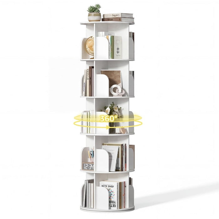 Simenmax 5-Tier Rotating Bookshelf Tower – 360° Spinning Bookcase for Small Spaces, Freestanding Vertical Corner Shelf for Bedroom, Living Room, Study, White