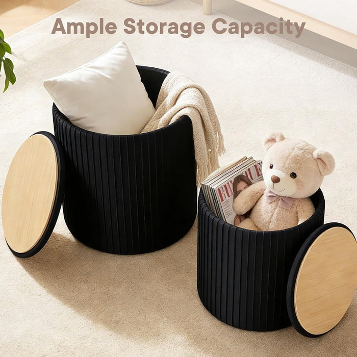 Nextay 2pcs Velvet Storage Ottomans â€?Round Vanity Stool & Foot Rest Set with Hidden Storage Compartment, Space-Saving for Living Room, Bedroom, and Entryway, Black