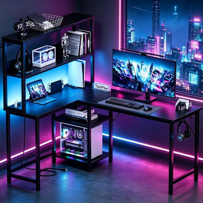 Betcozy L Shaped Desk with LED Lights, 53 Inch Reversible Corner Computer Desk with Power Outlet, Hutch, 2 Tier Storage Shelves and Headphone Hook, Black