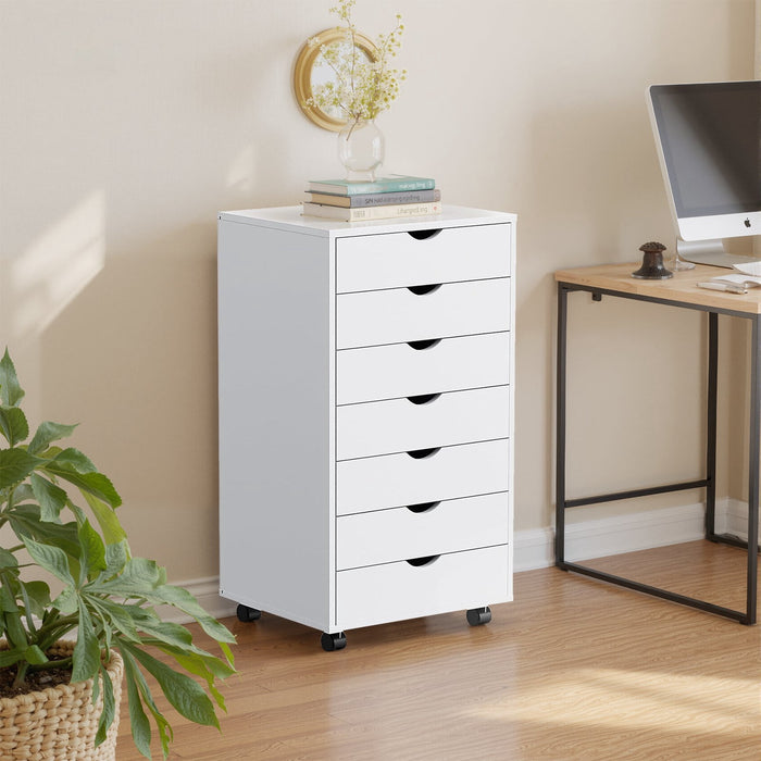 Ethovia 7-Drawer Rolling Storage Cabinet – Wooden Mobile Dresser with Locking Wheels, Compact Organizer for Home & Office, White